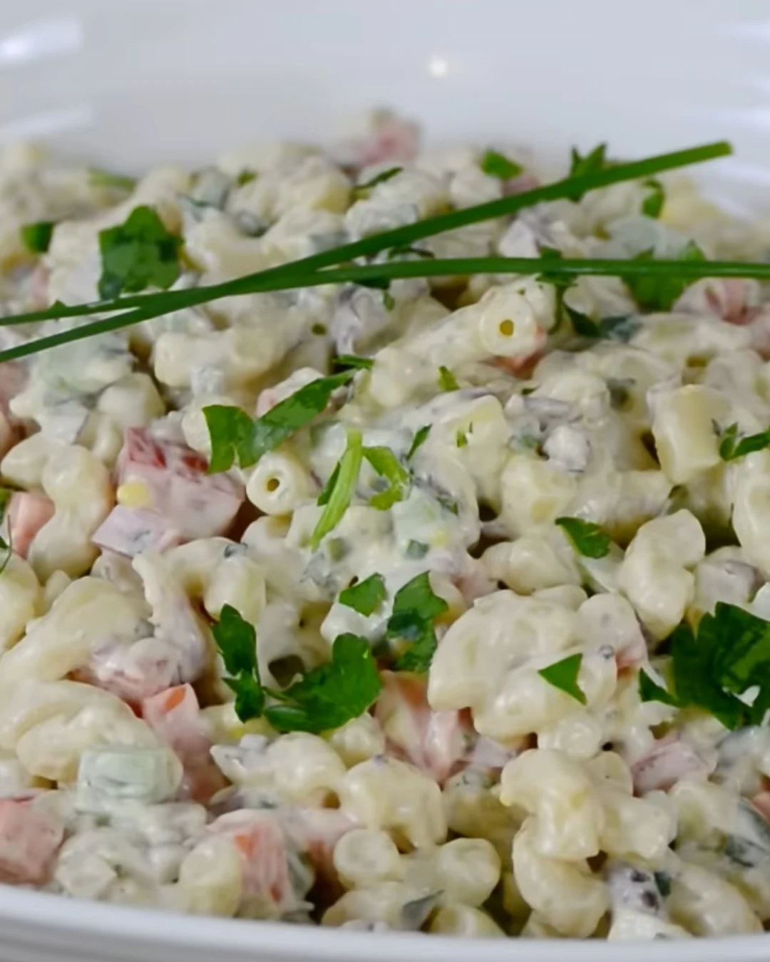Delicious Creamy Macaroni Salad with Hard-Boiled Eggs and Veggies Recipe finished dish