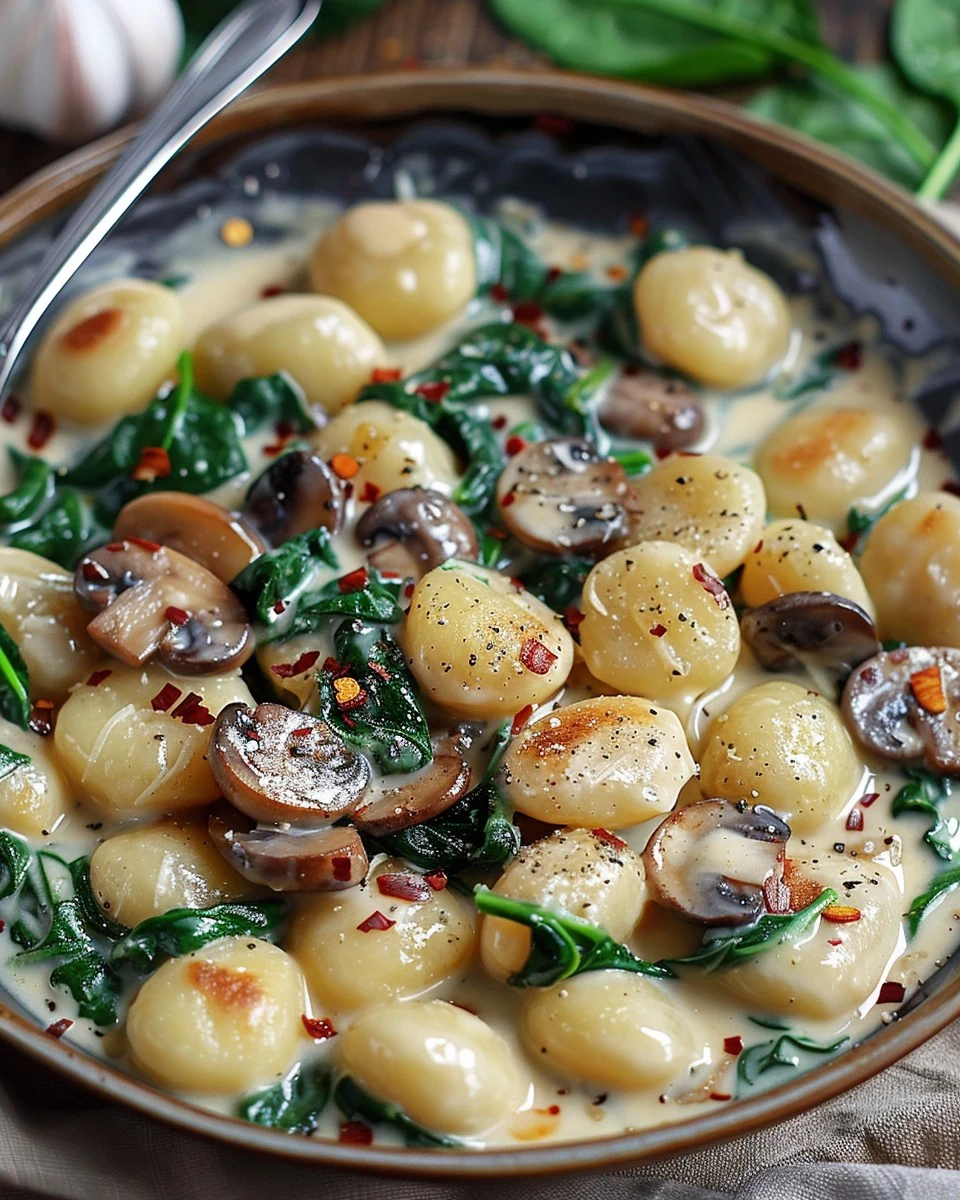 Delicious Creamy Spinach and Mushroom Gnocchi with Garlic and Smoked Paprika Cream Sauce Recipe finished dish