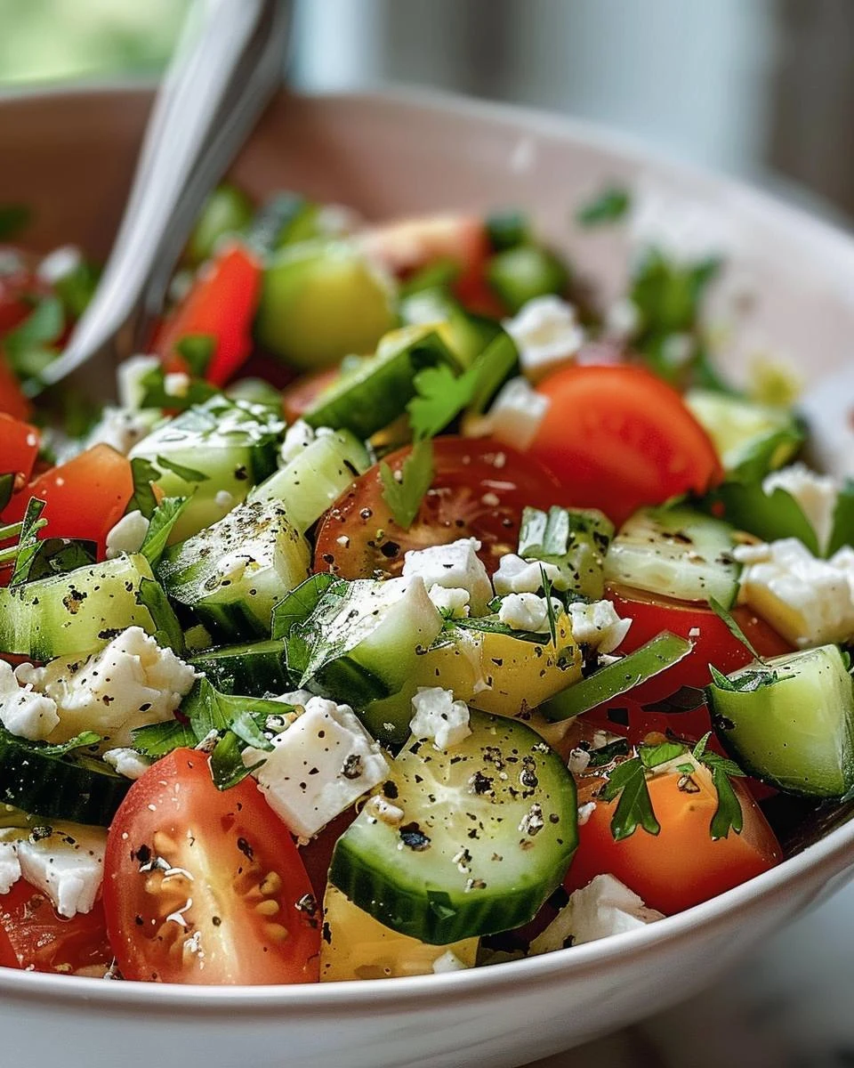 Delicious Fresh Tomato and Cucumber Salad with Feta Recipe finished dish