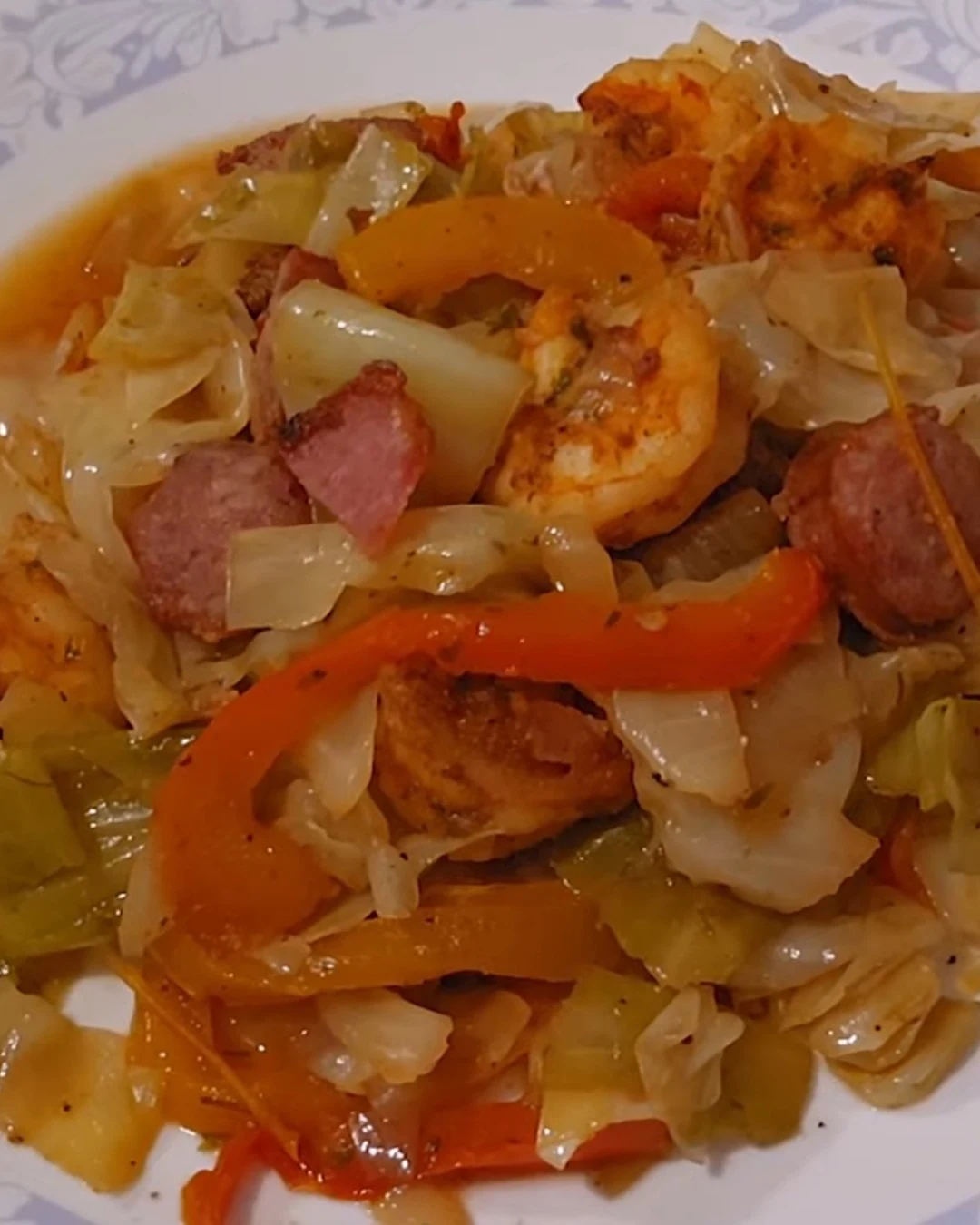Delicious Fried Cabbage with Shrimp Sausage Bacon Recipe finished dish