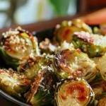 Delicious Garlic Parmesan Roasted Brussels Sprouts Recipe finished dish