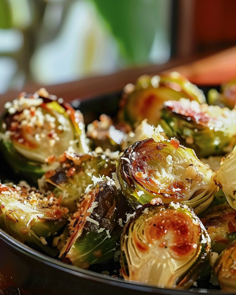 Delicious Garlic Parmesan Roasted Brussels Sprouts Recipe finished dish