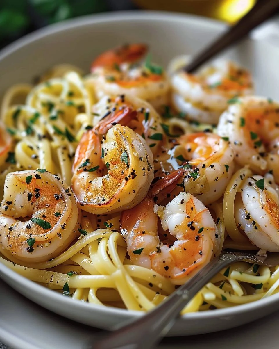 Delicious Garlicky Shrimp Scampi with Linguine Recipe finished dish