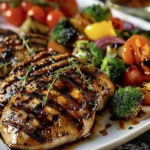 Delicious GRILLED HONEY BALSAMIC CHICKEN WITH VEGETABLES finished dish