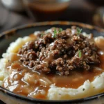 Delicious Ground Beef and Gravy over Mashed Potatoes Recipe finished dish