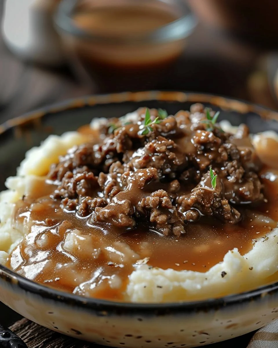 Delicious Ground Beef and Gravy over Mashed Potatoes Recipe finished dish