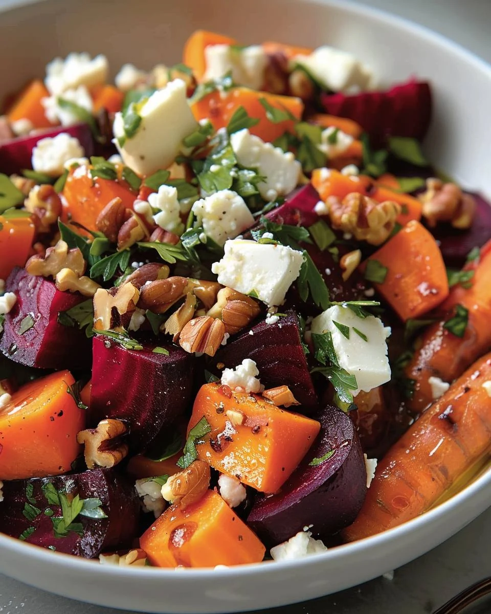 Delicious Honeyed Beetroot Carrot Salad with Feta Hazelnuts Recipe finished dish