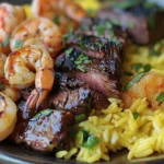 Delicious Jerk Steak & Shrimp over Yellow Rice Recipe finished dish