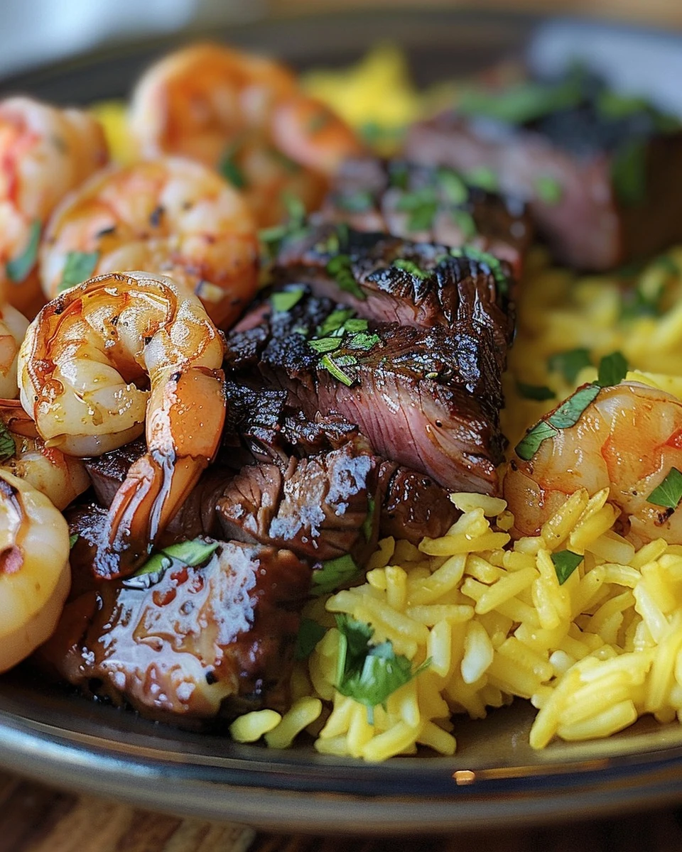 Delicious Jerk Steak & Shrimp over Yellow Rice Recipe finished dish