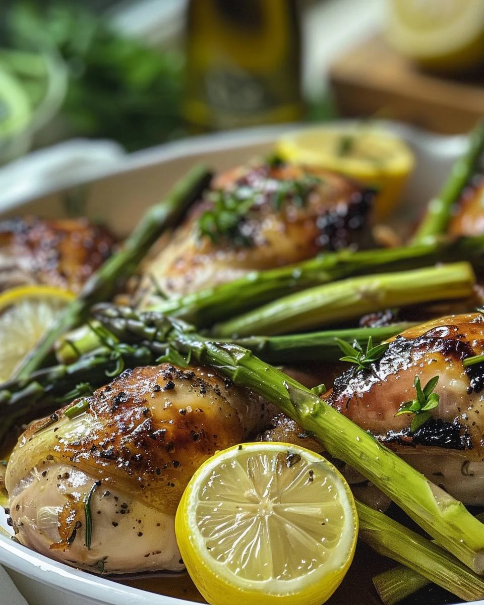 Delicious Lemon Roasted Spring Chicken with Asparagus finished dish