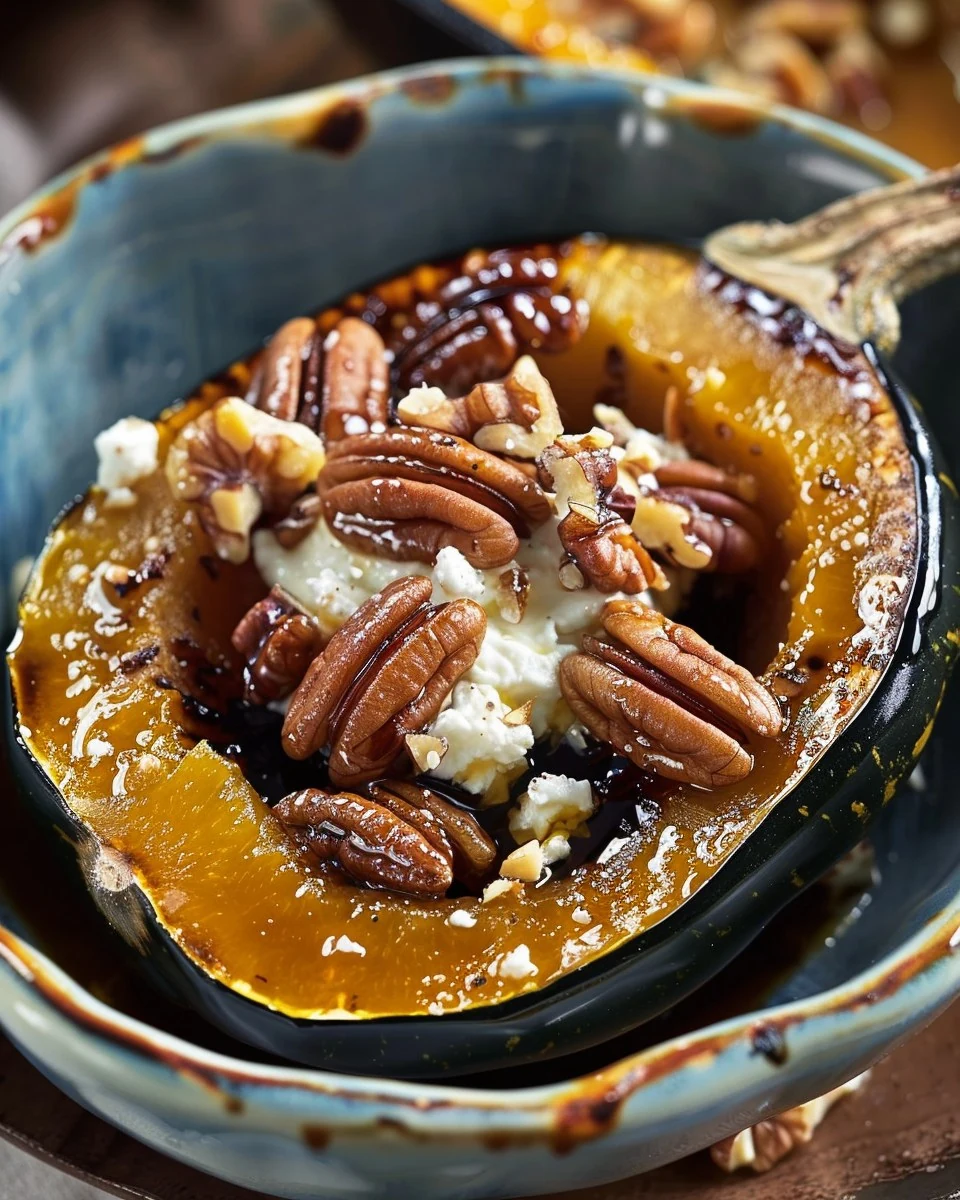 Delicious Maple Pecan Goat Cheese Roasted Acorn Squash Recipe finished dish