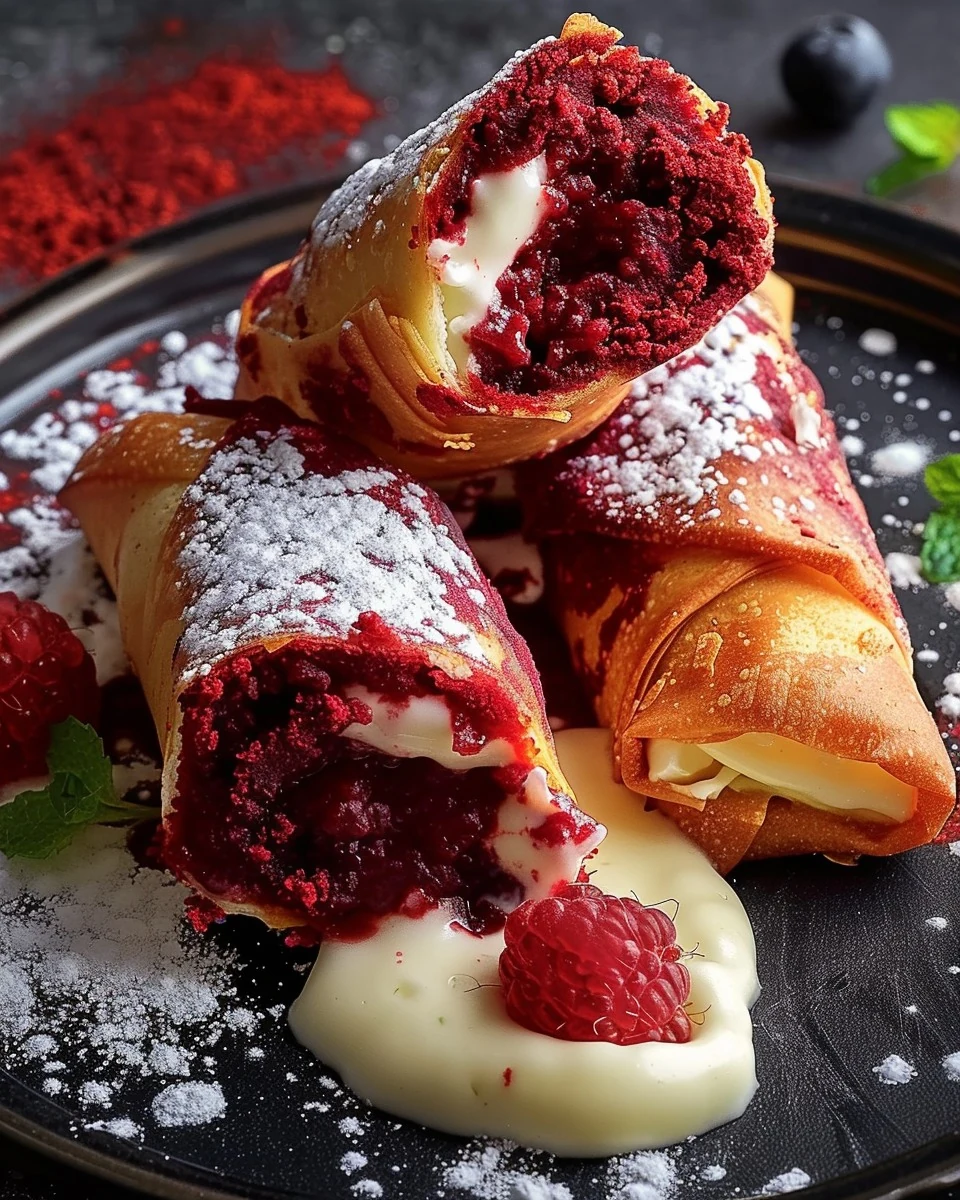 Delicious MY RED VELVET CHEESECAKE EGGROLLS Recipe finished dish