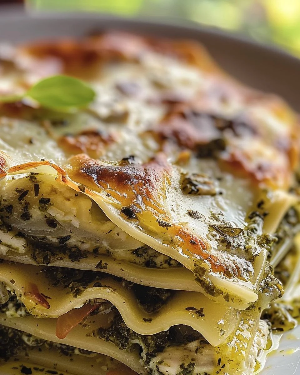 Delicious One-Pan Pesto Chicken Spinach Lasagne Recipe finished dish