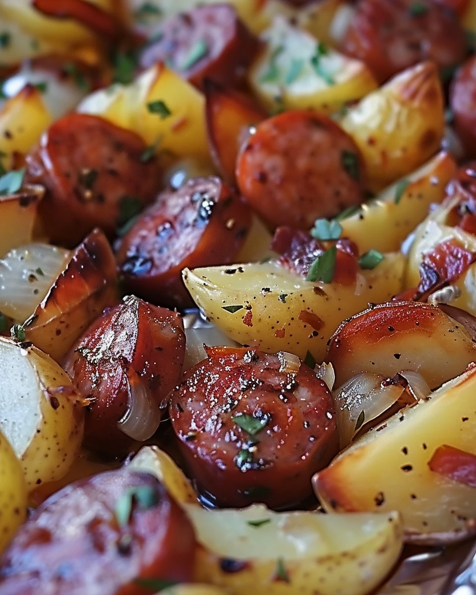Delicious Oven Roasted Smoked Sausage and Potatoes Recipe finished dish