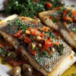 Delicious Pan-Fried Sea Bass with Puttanesca Sauce Recipe finished dish