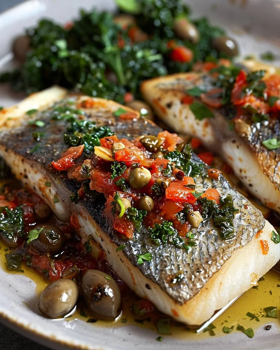 Delicious Pan-Fried Sea Bass with Puttanesca Sauce Recipe finished dish