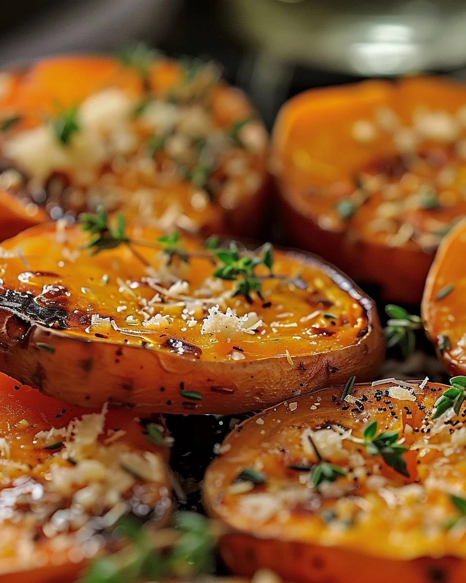 Delicious Parmesan Garlic Roasted Sweet Potato Rounds finished dish