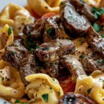 Delicious Philly Cheesesteak Tortellini Pasta Recipe finished dish
