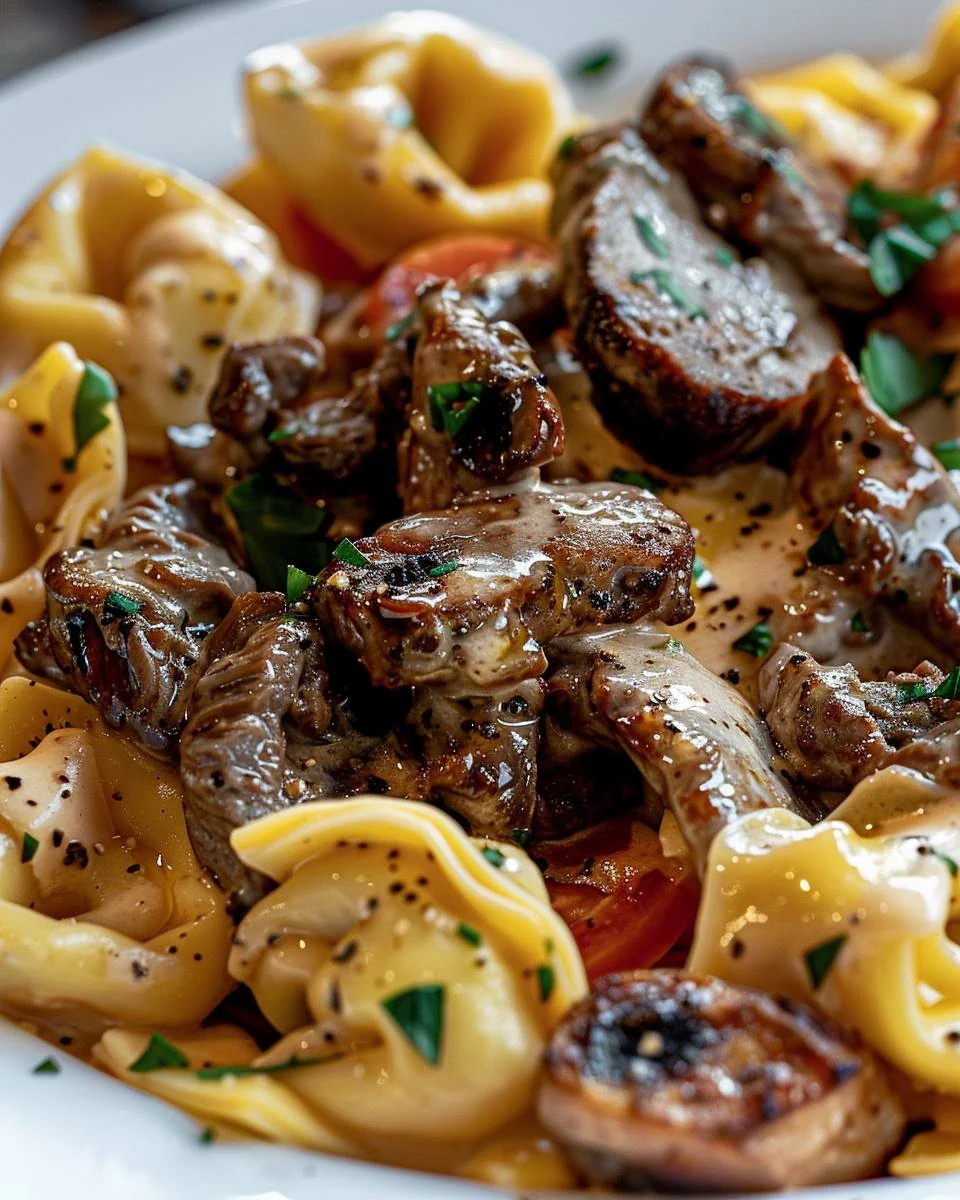 Delicious Philly Cheesesteak Tortellini Pasta Recipe finished dish