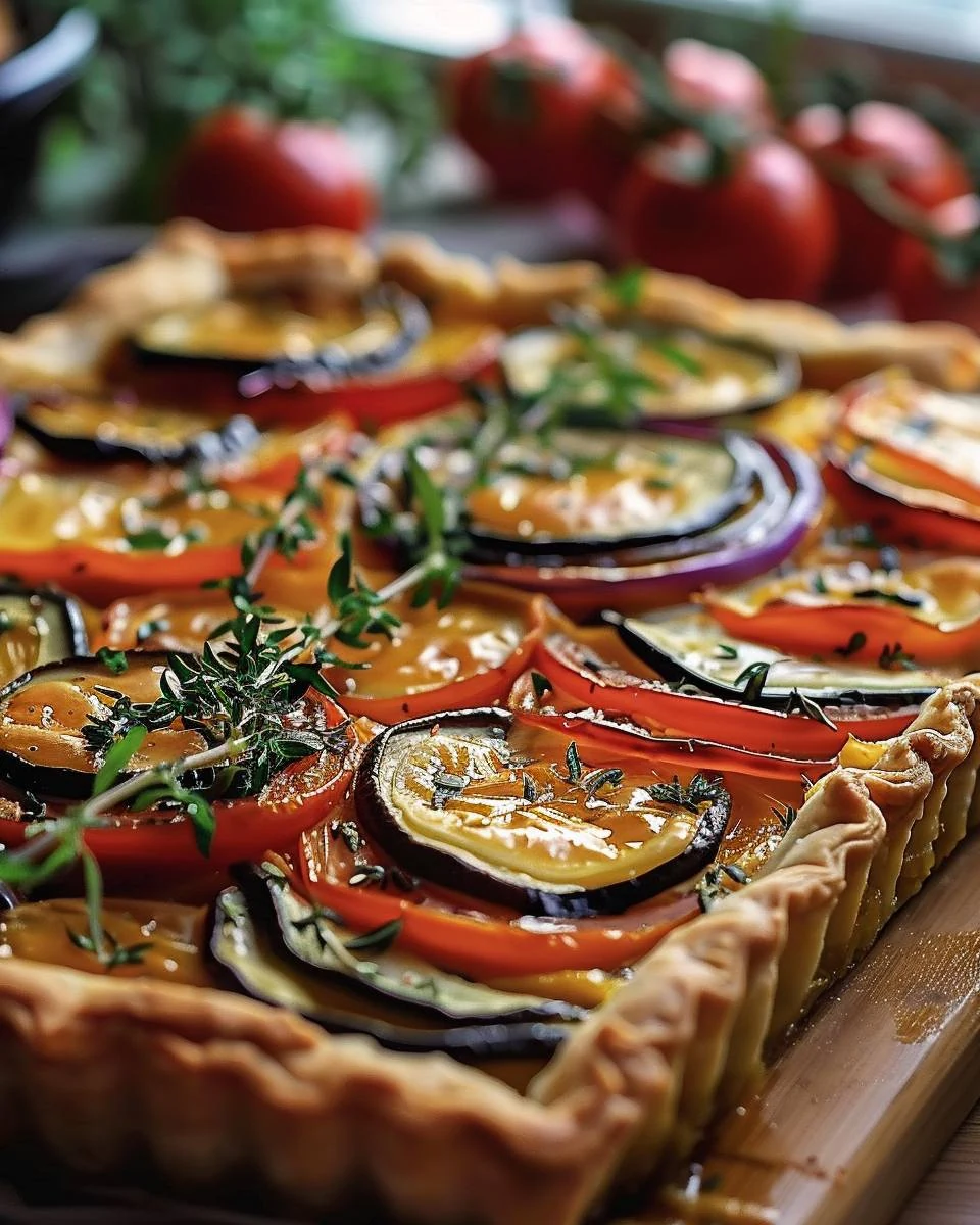 Delicious Ratatouille Tart with Flaky Cheddar Thyme Pastry Recipe finished dish