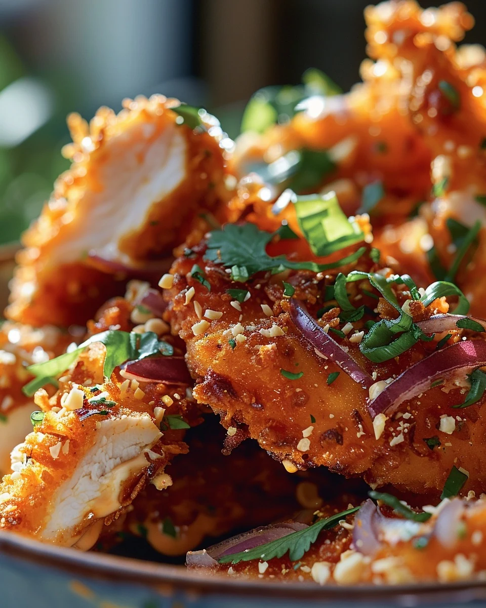 Delicious Red Curry Chicken Fingers with Crispy Onion Breading finished dish