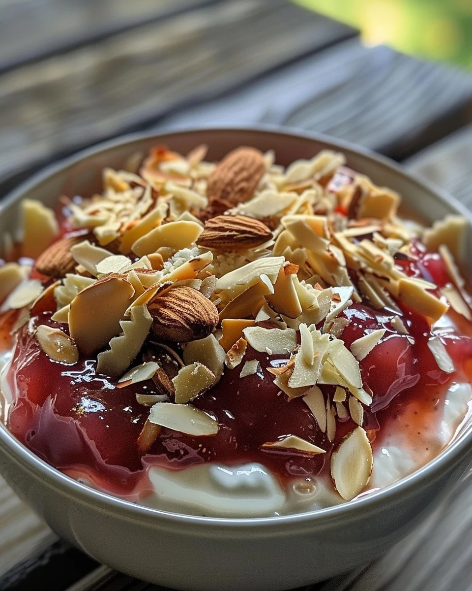 Delicious Rhubarb Compote with Yogurt & Almonds Recipe finished dish