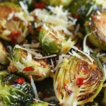 Delicious Roasted Brussels Sprouts with Garlic Red Pepper and Parmesan finished dish