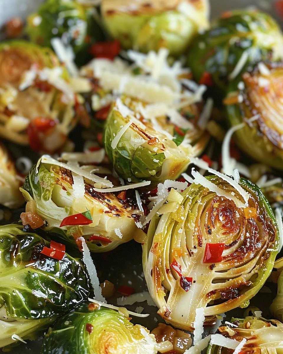 Delicious Roasted Brussels Sprouts with Garlic Red Pepper and Parmesan finished dish