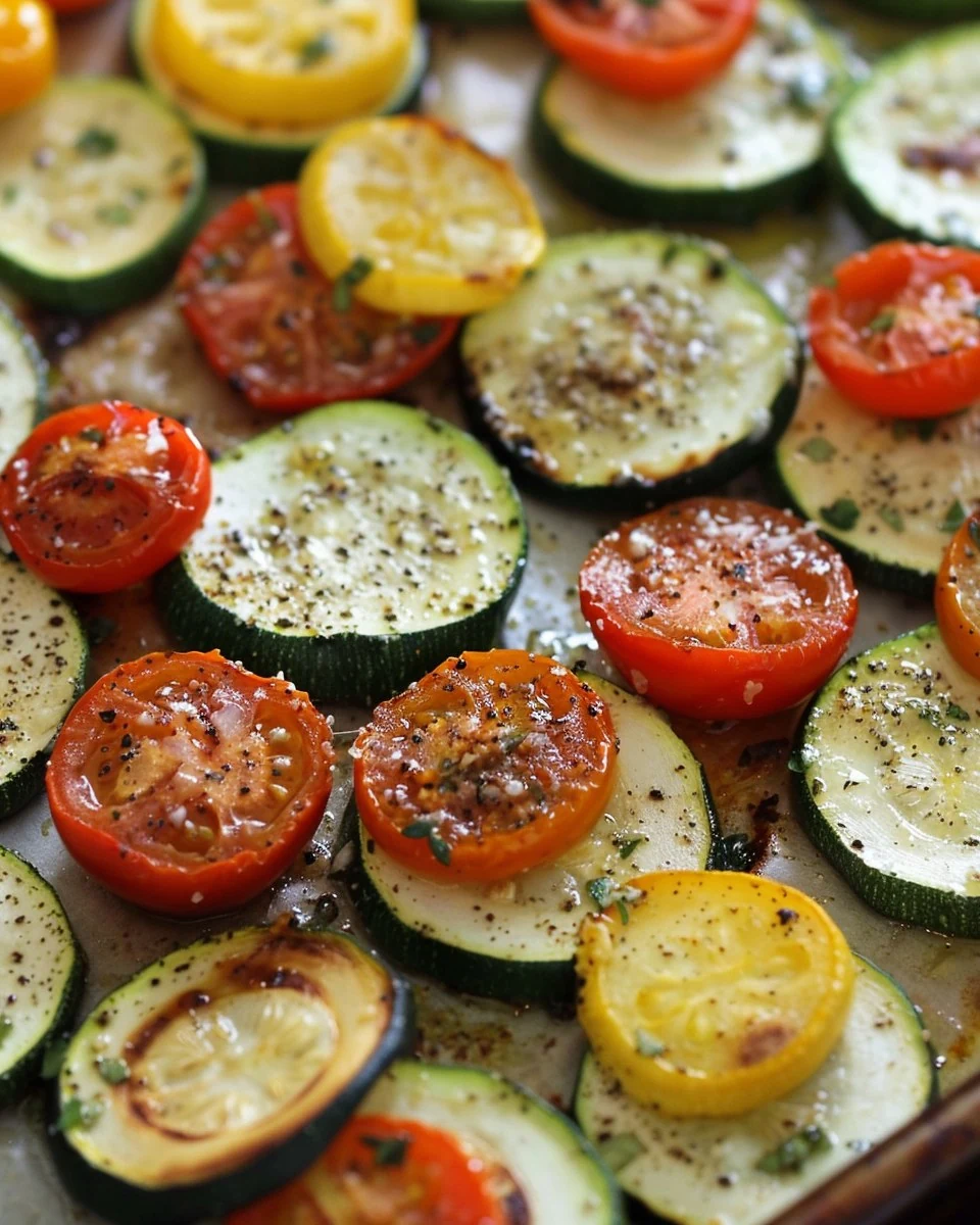 Delicious Roasted Garlic Parmesan Zucchini Squash and Tomatoes finished dish