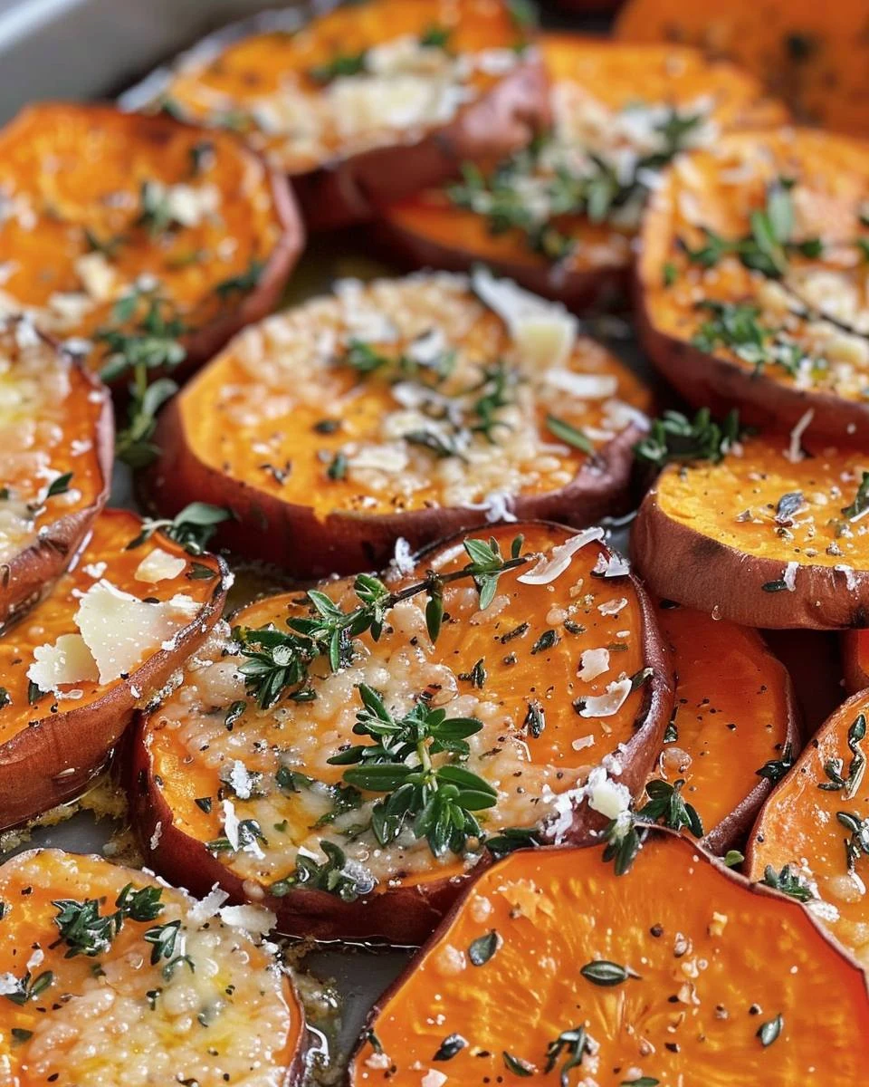 Delicious Roasted Sweet Potatoes with Garlic and Parmesan finished dish