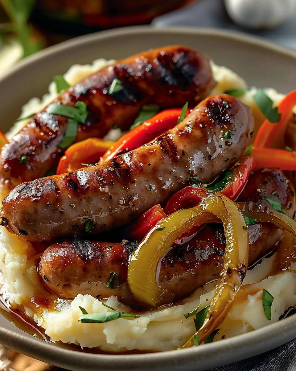 Delicious Rustic Italian Sausage with Peppers and Onions Recipe finished dish