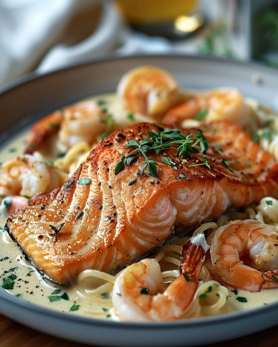 Delicious Salmon and Shrimp Alfredo Recipe finished dish