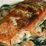 Delicious Salmon Stuffed with Spinach Mozzarella and Cream Cheese Served with Shrimp Alfredo finished dish