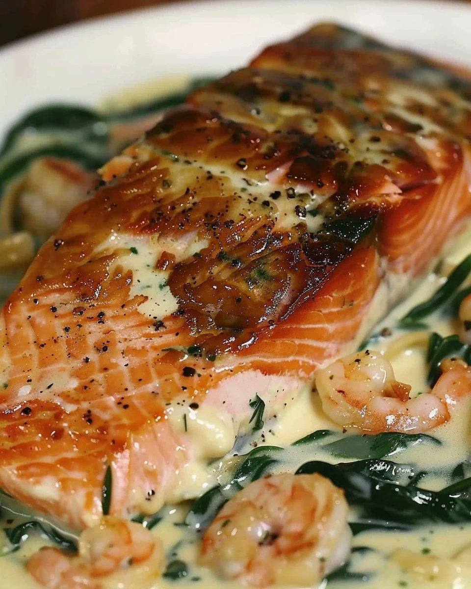 Delicious Salmon Stuffed with Spinach Mozzarella and Cream Cheese Served with Shrimp Alfredo finished dish
