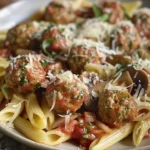 Delicious Sausage Meatball Mushroom Pasta Recipe finished dish