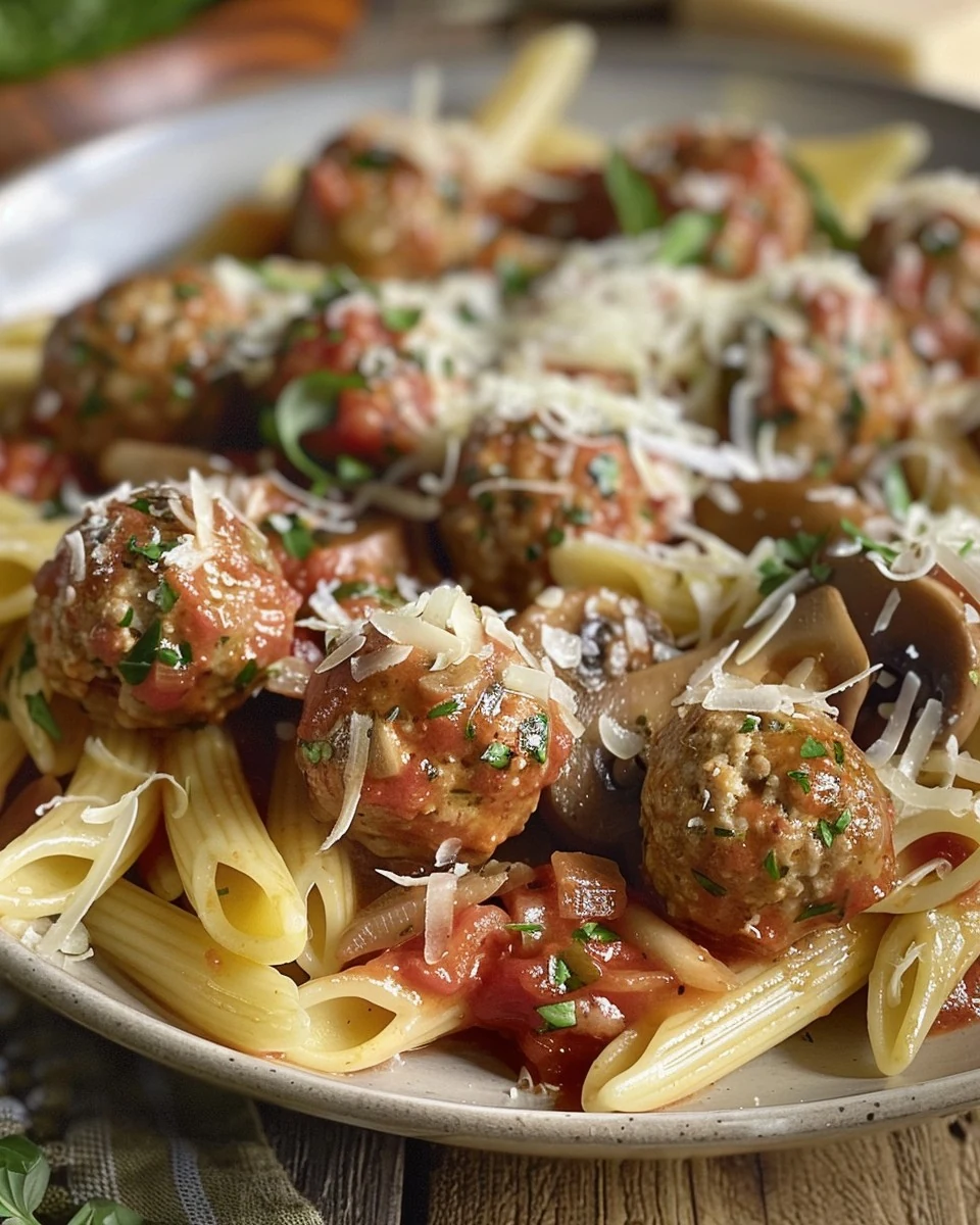Delicious Sausage Meatball Mushroom Pasta Recipe finished dish
