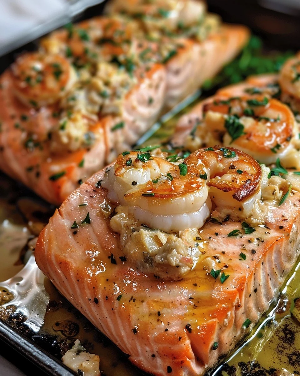 Delicious Savory Seafood Stuffed Salmon Recipe finished dish
