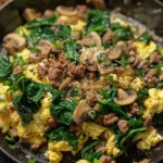 Delicious SCRAMBLED EGGS WITH SPINACH BEEF AND MUSHROOMS Recipe finished dish