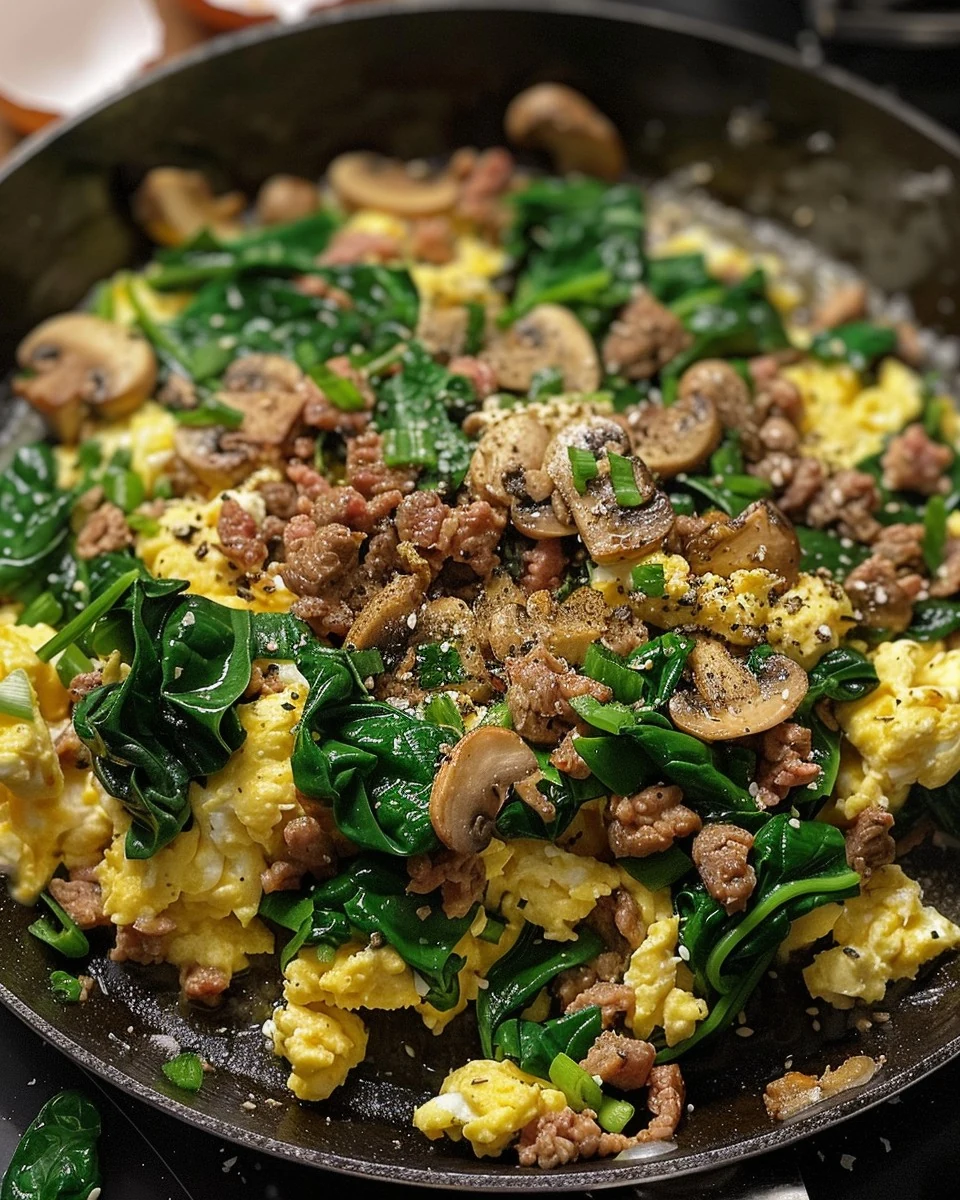 Delicious SCRAMBLED EGGS WITH SPINACH BEEF AND MUSHROOMS Recipe finished dish