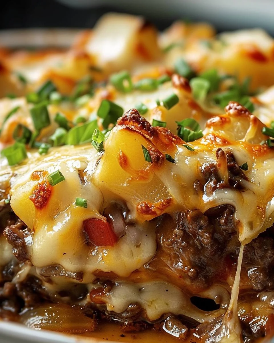 Delicious Slow Cooker Cheesesteak Potato Casserole Recipe finished dish