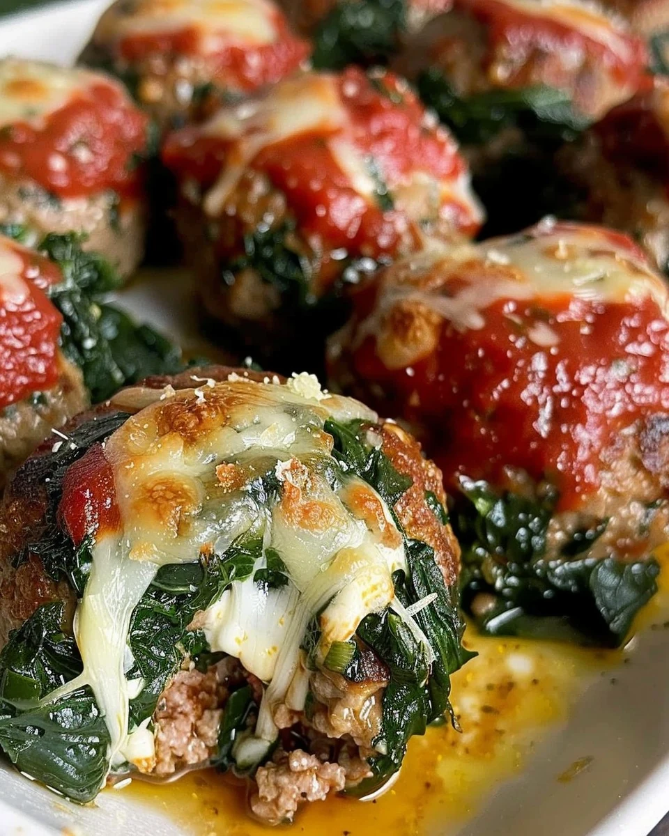 Delicious Spinach Garlic Meatballs Stuffed With Mozzarella finished dish