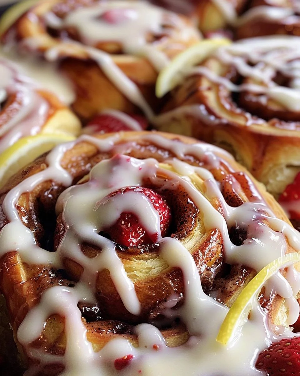 Delicious Strawberry Cinnamon Rolls with Lemon Cream Cheese Glaze finished dish
