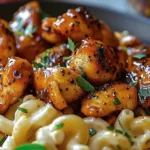 Delicious Sweet and Spicy Honey Pepper Chicken with Creamy Macaroni Cheese finished dish