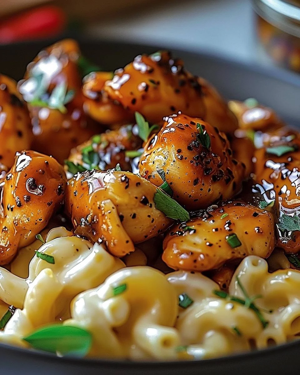 Delicious Sweet and Spicy Honey Pepper Chicken with Creamy Macaroni Cheese finished dish