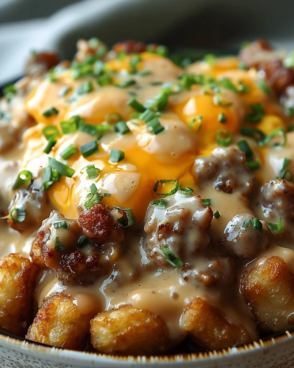 Delicious Tater Tot Breakfast Bowl with Sausage Gravy Recipe finished dish