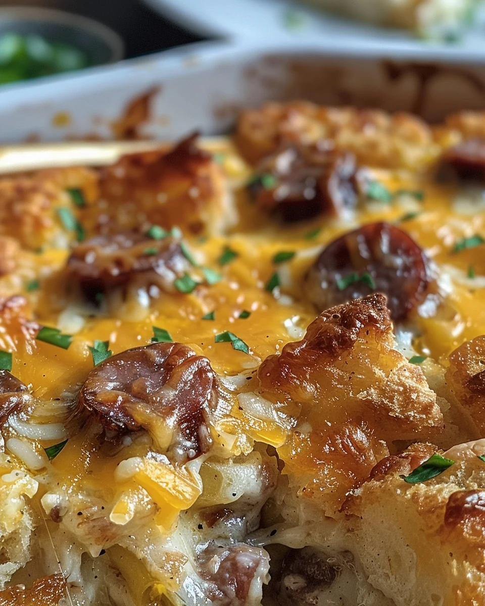 Delicious TATER TOT SAUSAGE BREAKFAST CASSEROLE Recipe finished dish