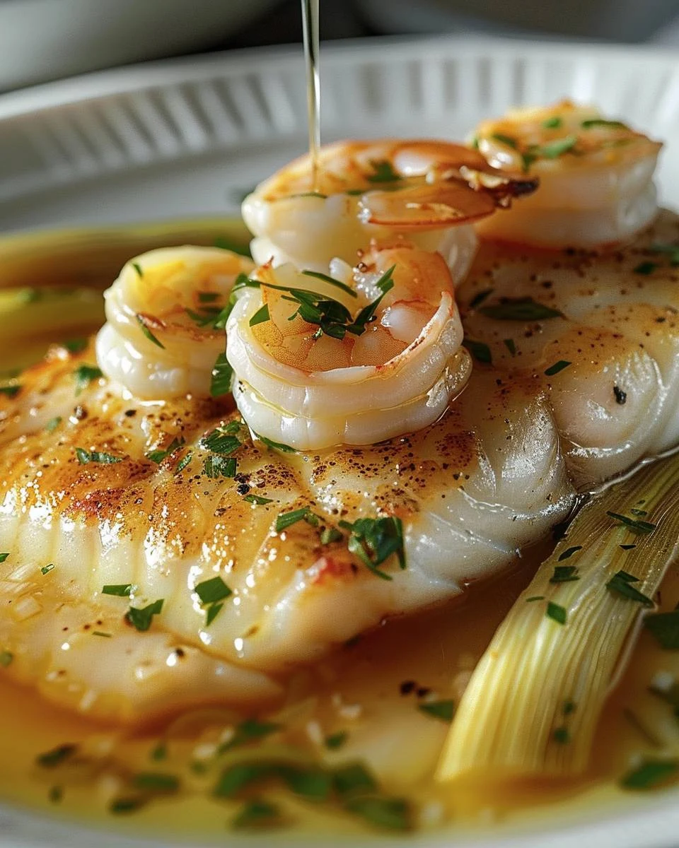 Delightful Dover Sole with Buttered Leeks & Shrimps Recipe finished dish