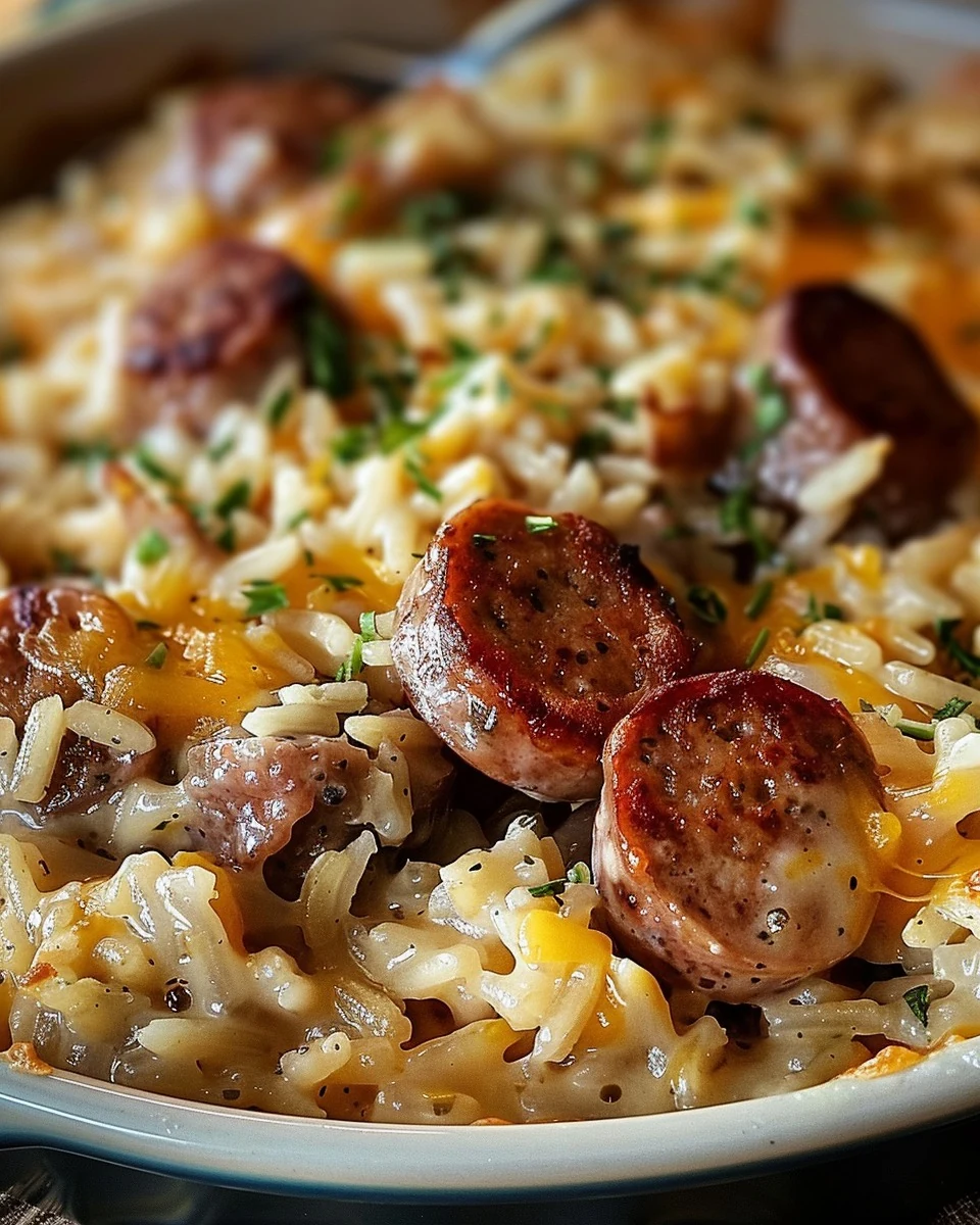 Easy Cheesy Sausage and Rice Casserole Recipe finished dish