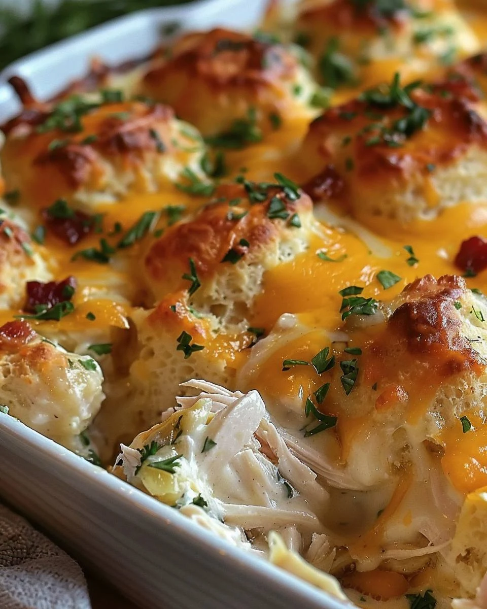 Easy Chicken Bubble Biscuit Bake Casserole Recipe finished dish