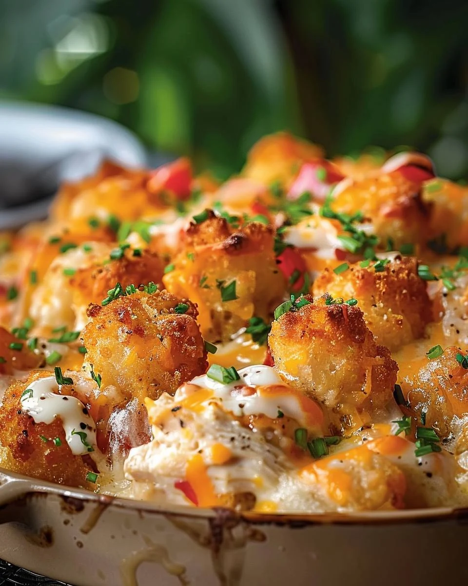 Easy Cracked Out Chicken Tater Tot Casserole Recipe finished dish